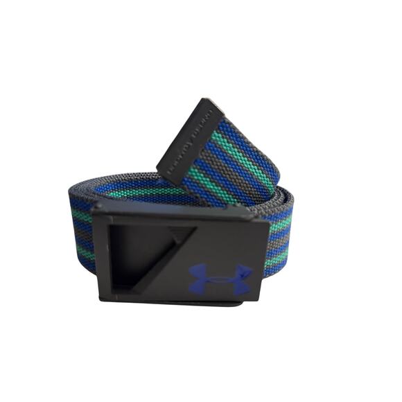 Under Armour Range Webbing Golf Belt Gray Blue Green Stripe Cut-Out Buckle - Picture 1 of 5